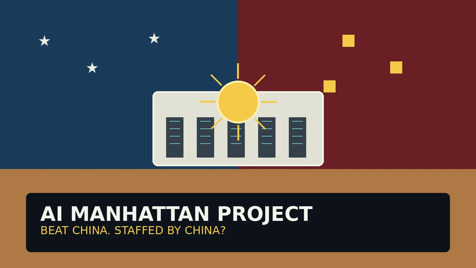 MMG editorial graphic depicting an AI research compound between abstract United States and China motifs.