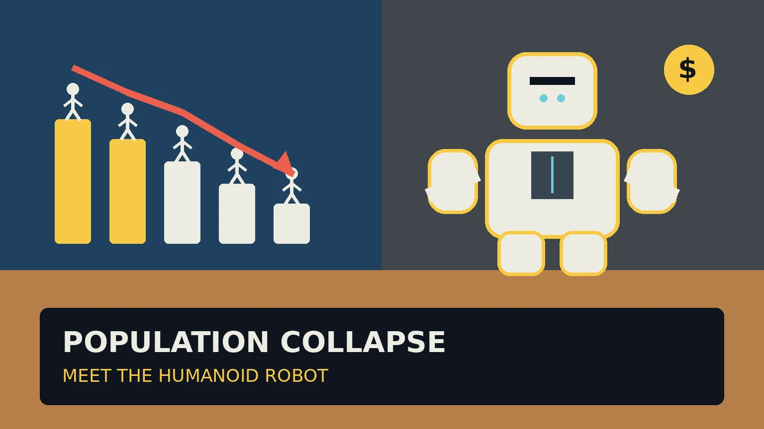 MMG editorial graphic showing a falling population chart beside a humanoid robot and a dollar symbol.