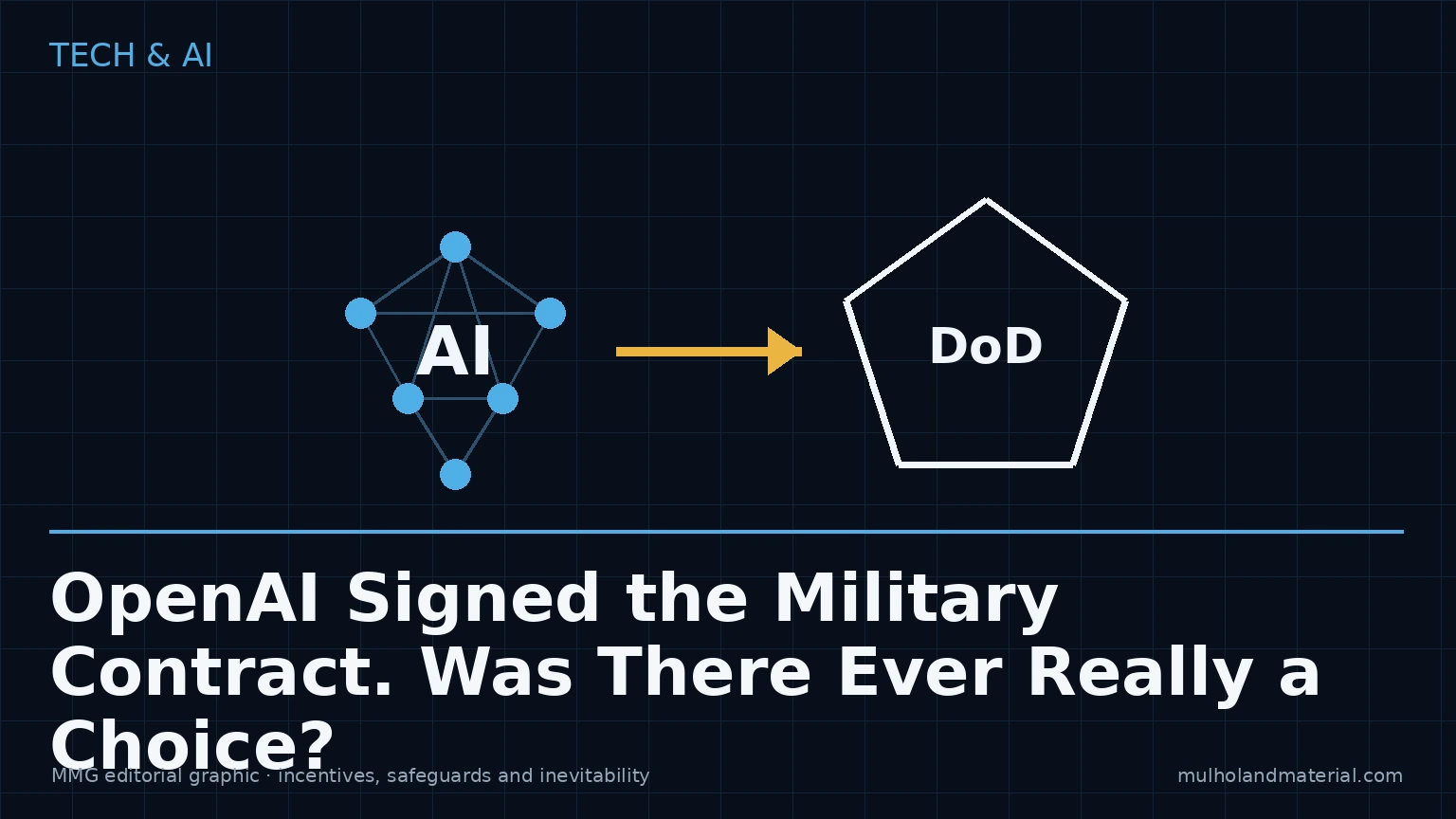 Editorial graphic showing an AI network connected to the Pentagon, illustrating the military AI contracting debate.